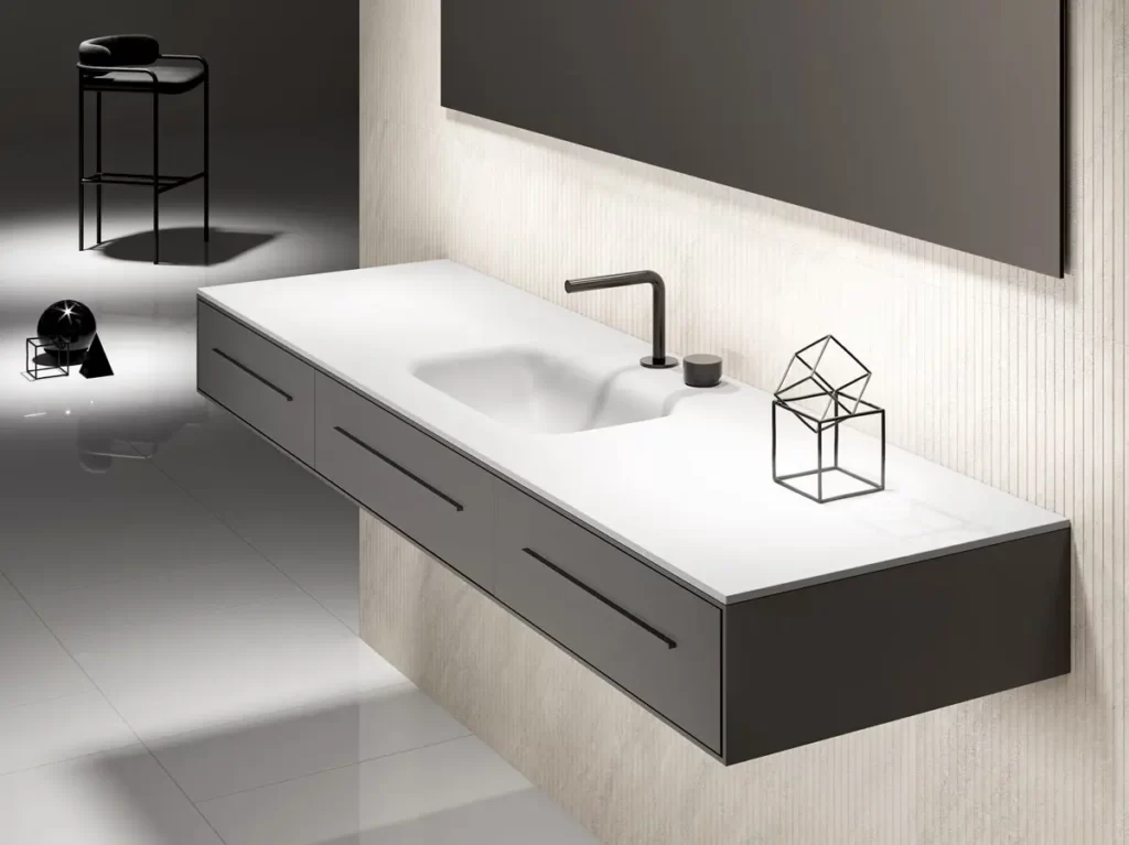 Encimera de baño Solid Surface de Solidker mostrando su elegancia en cuarto de baño minimalista y  moderno.