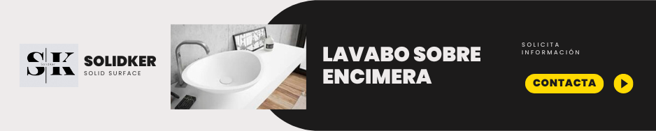 Banner de Solidker con lavabo sobre encimera de Solid Surface y botón de contacto.