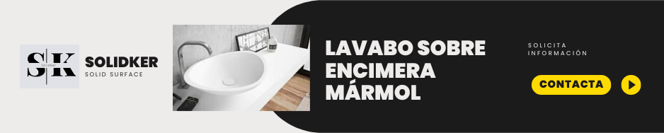 Banner de Solidker con lavabo sobre encimera de Solid Surface y botón de contacto.