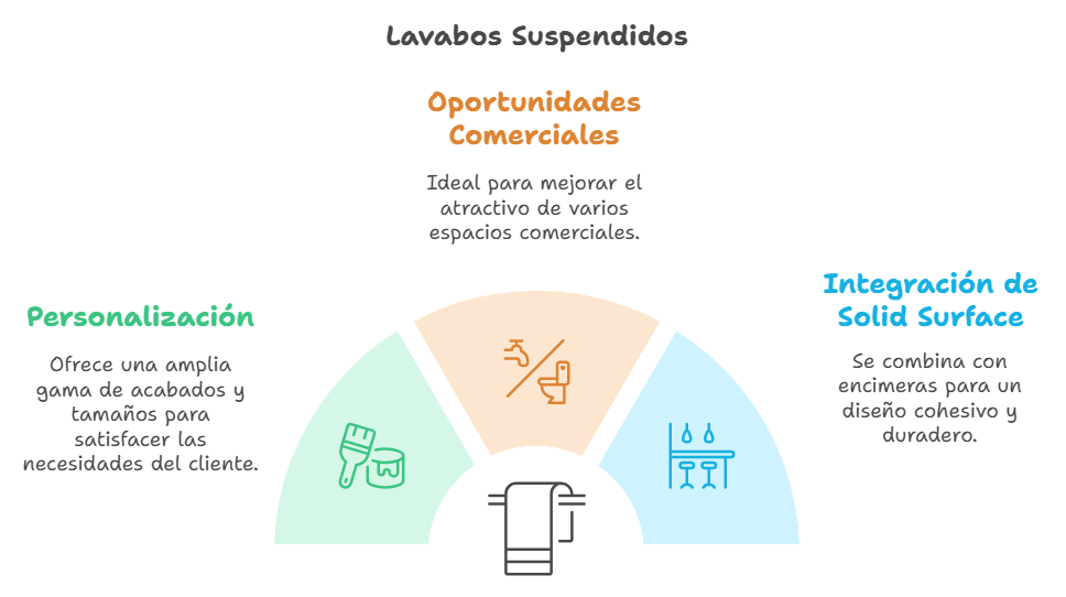 Infografía sobre beneficios de lavabos suspendidos en espacios comerciales: personalización, oportunidades comerciales e integración de Solid Surface.