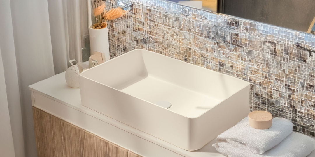 Lavabo rectangular blanco sobre encimera en baño moderno con mosaico de azulejos, toallas y decoración minimalista