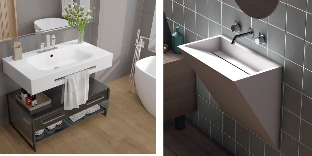 Dos lavabos modernos, uno suspendido de diseño geométrico y otro con mueble inferior de almacenamiento