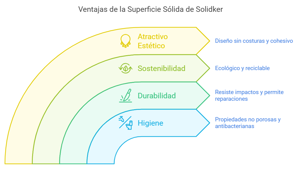 Infografía sobre las ventajas de la superficie sólida Solidker: estética, sostenibilidad, durabilidad e higiene

