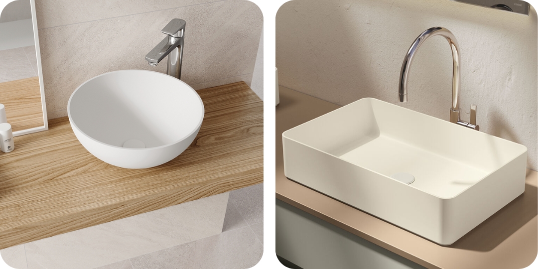 Lavabo redondo sobre encimera de madera y lavabo rectangular con diseño minimalista en encimera lisa. Lavabos pequeños y modernos

