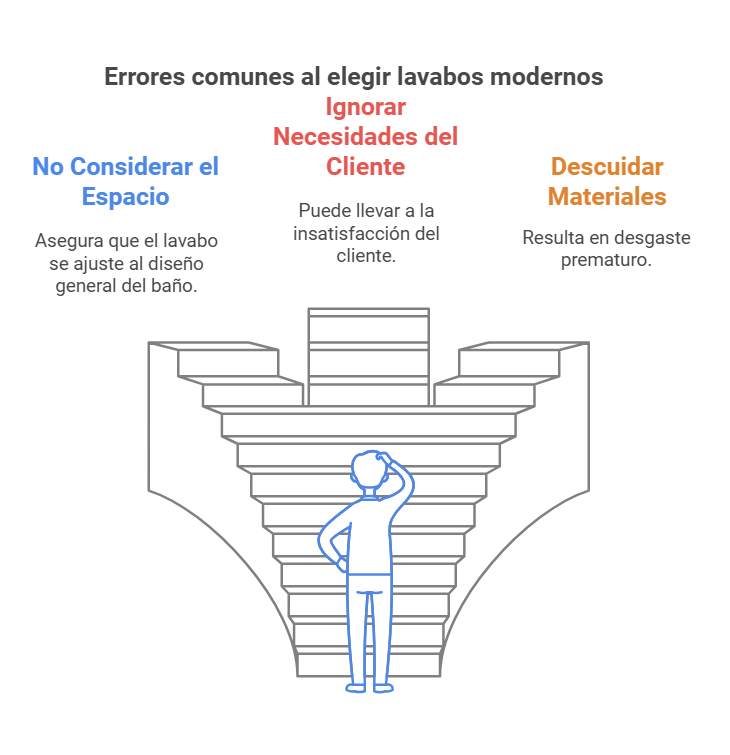 Infografía sobre errores frecuentes al elegir lavabos modernos: no considerar el espacio, ignorar necesidades del cliente y descuidar materiales.

