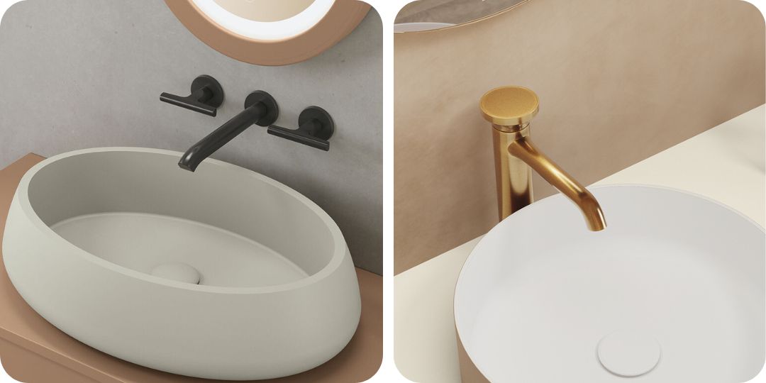 Lavabos modernos de forma ovalada, uno con grifería negra mate y otro con grifería dorada, ideales para baños contemporáneos.


