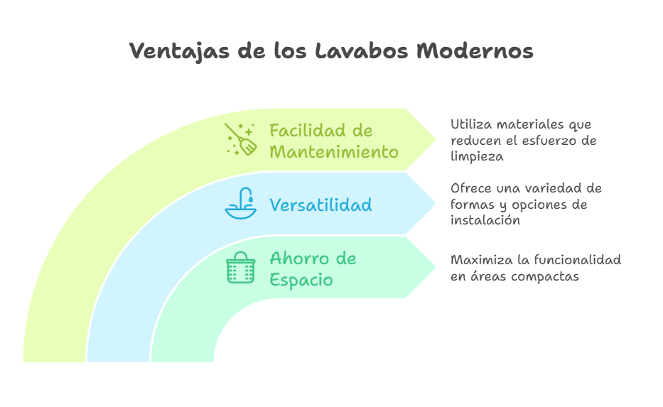Infografía sobre las ventajas de los lavabos modernos, destacando facilidad de mantenimiento, versatilidad y ahorro de espacio.

