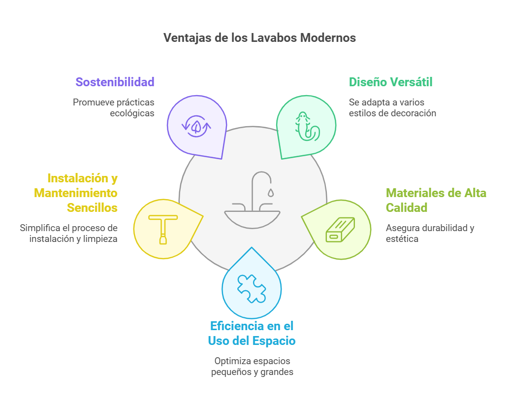 Infografía sobre las ventajas de los lavabos modernos, incluyendo sostenibilidad, diseño versátil, materiales de calidad, eficiencia en el espacio y mantenimiento sencillo.

