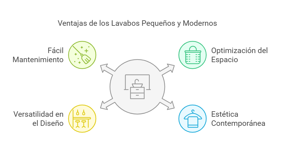 Infografía sobre las ventajas de los lavabos pequeños y modernos, destacando mantenimiento fácil, optimización del espacio, versatilidad en diseño y estética contemporánea.

