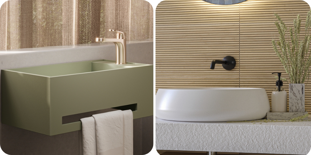 Collage de lavabos modernos pequeños Solidker en colores verde y blanco, ideales para baños elegantes y funcionales.