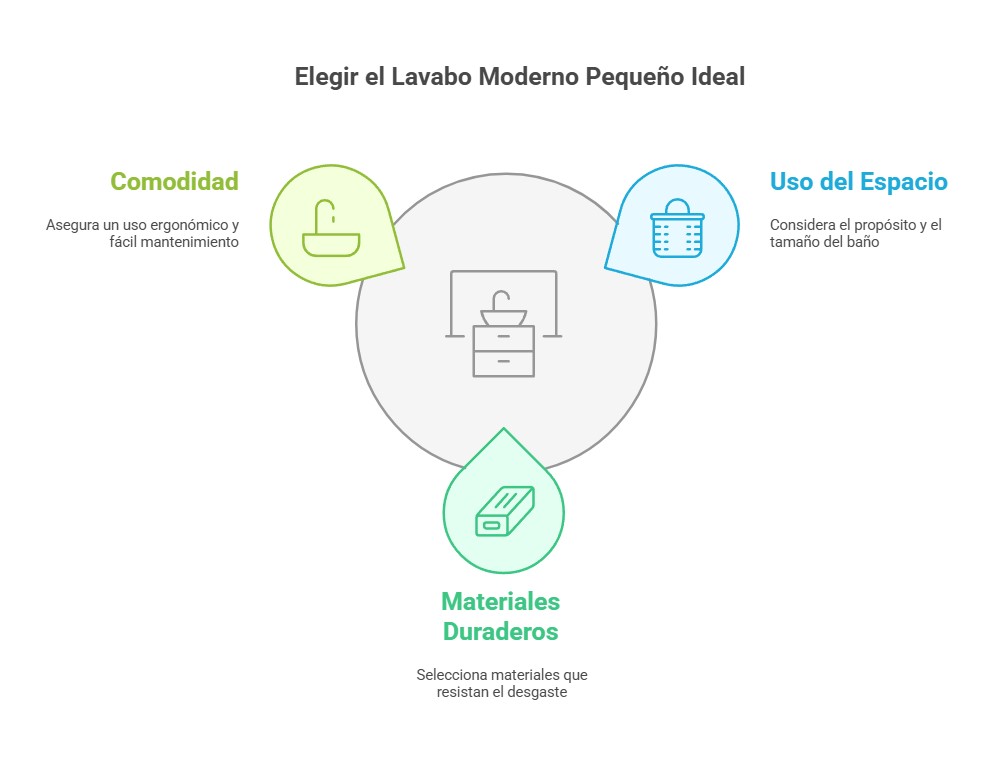 Infografía sobre cómo elegir el lavabo moderno pequeño ideal Solidker, considerando comodidad, uso del espacio y materiales duraderos.
