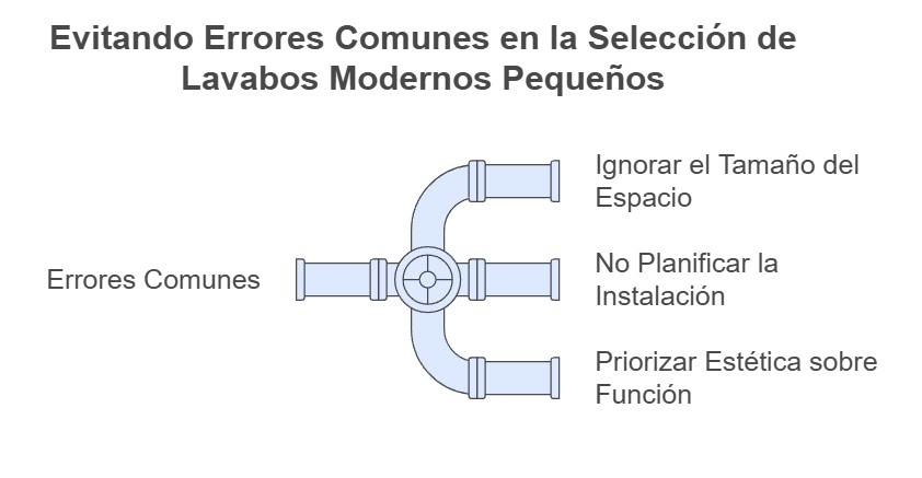 Infografía sobre errores comunes en la selección de lavabos modernos pequeños Solidker, como ignorar el tamaño del espacio y no planificar la instalación.