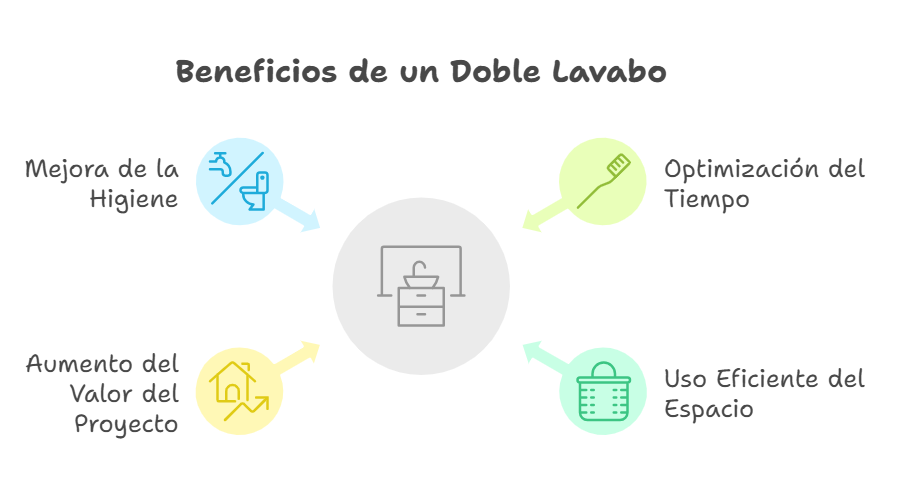 Infografía sobre las ventajas de instalar un doble lavabo: mejora de higiene, optimización del tiempo, aumento del valor del proyecto y uso eficiente del espacio.