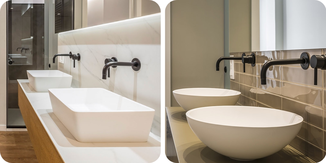 Lavabos modernos sobre encimera con grifería negra mate, uno de diseño cuadrado y otro redondo.