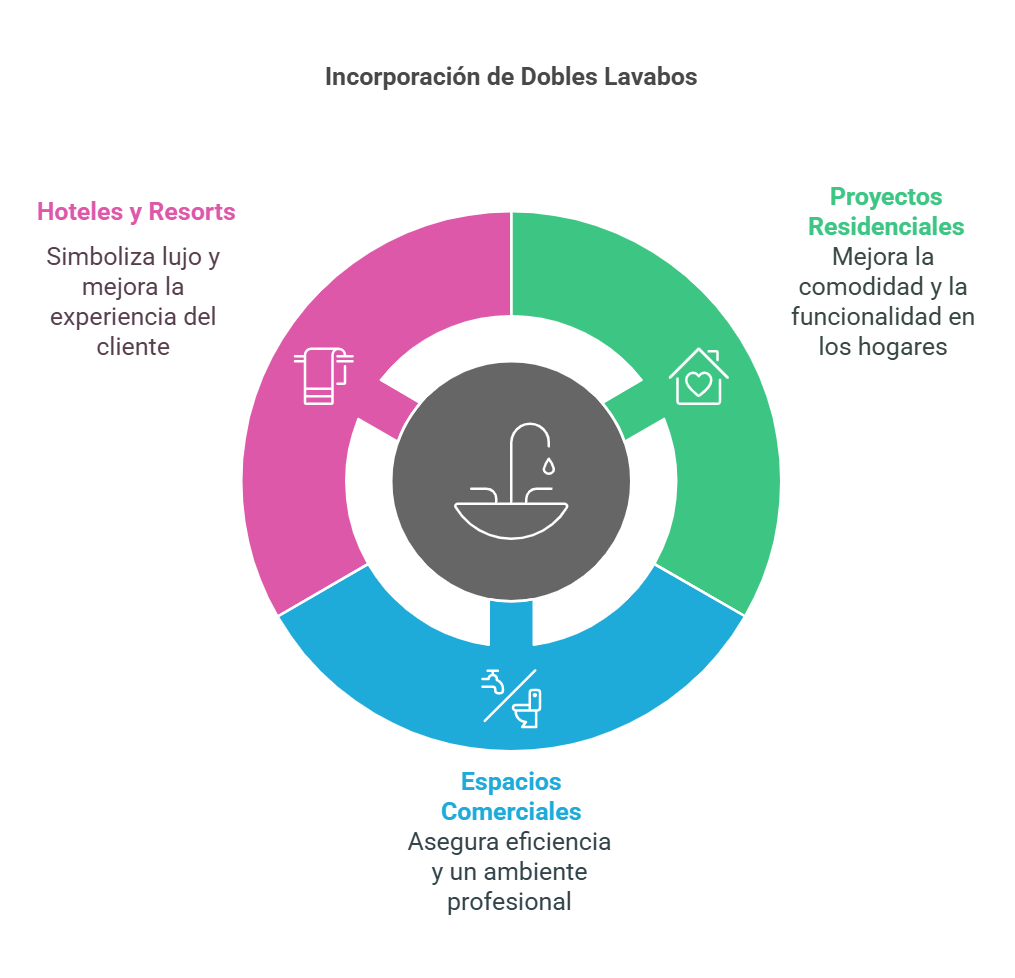 Infografía sobre la incorporación de dobles lavabos en hoteles, proyectos residenciales y espacios comerciales.