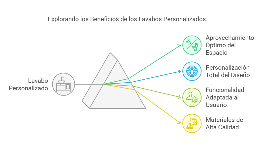 Diagrama que muestra las ventajas de los lavabos personalizados, incluyendo aprovechamiento del espacio, personalización del diseño, funcionalidad adaptada y materiales de alta calidad.