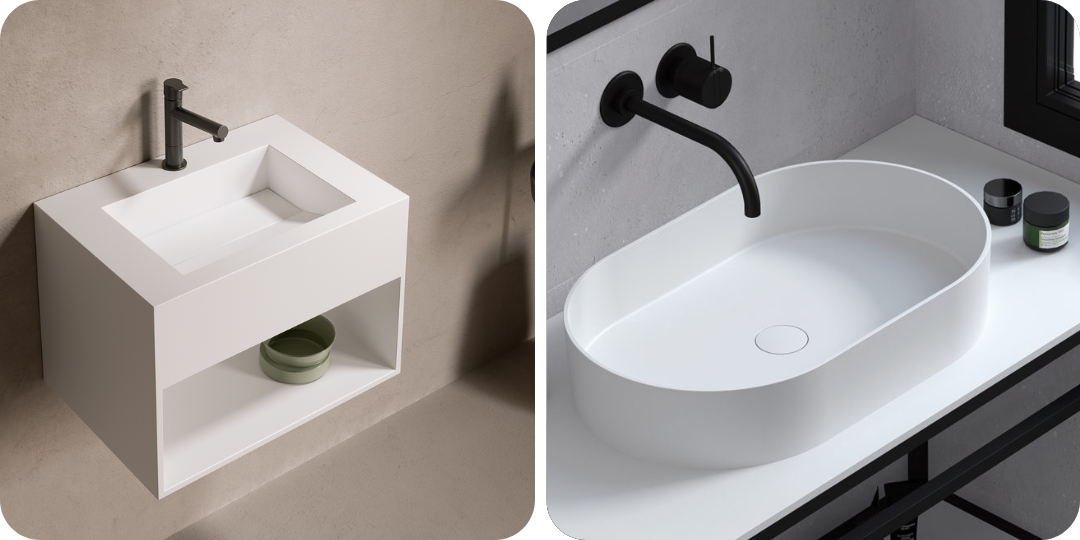 Lavabo suspendido con estante y lavabo sobre encimera ovalado, ambos en acabado blanco mate con grifería negra.