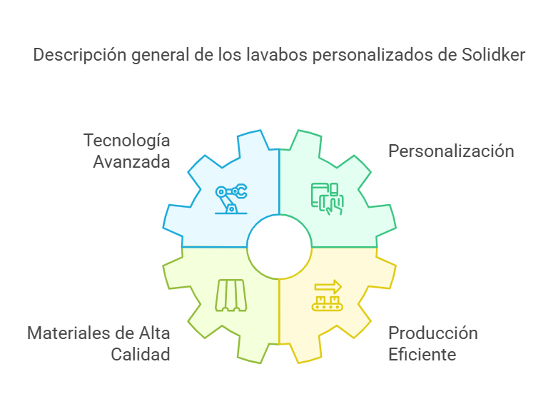 Infografía sobre las características de los lavabos personalizados de Solidker: tecnología avanzada, personalización, producción eficiente y materiales de alta calidad.