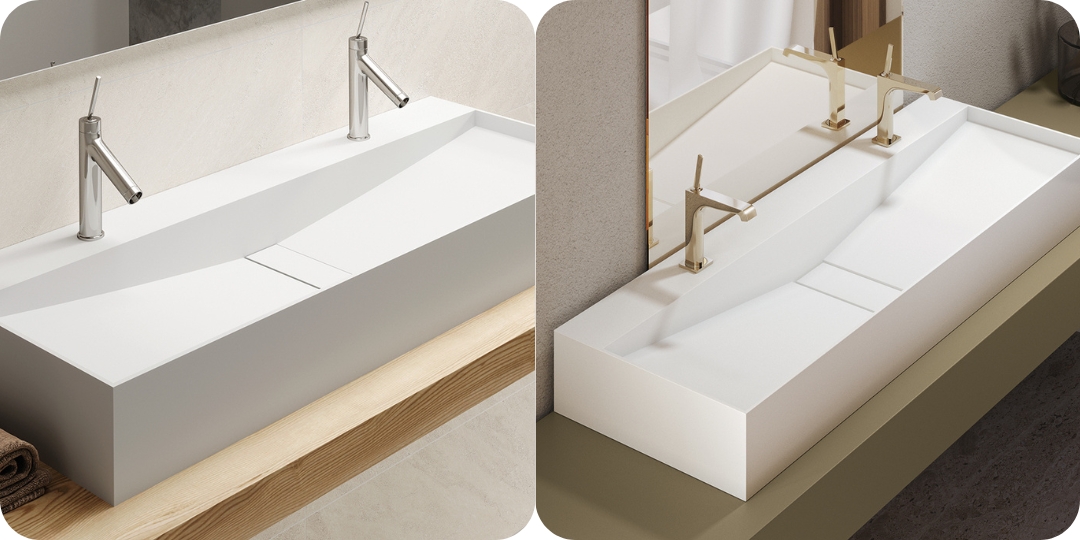 Lavabos dobles modernos con acabados en blanco mate y grifería cromada y dorada.