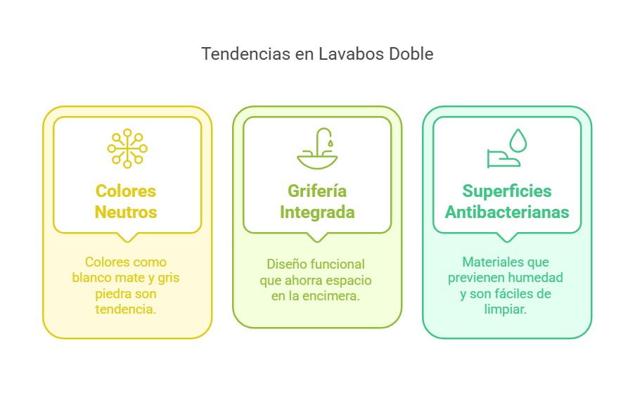 Infografía sobre tendencias en lavabos dobles: colores neutros, grifería integrada y superficies antibacterianas