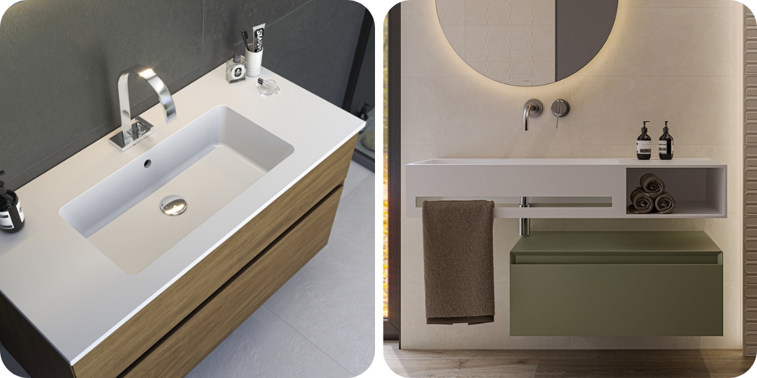 Comparativa de dos muebles de baño modernos: uno con acabado madera y otro en verde con lavabo blanco suspendido