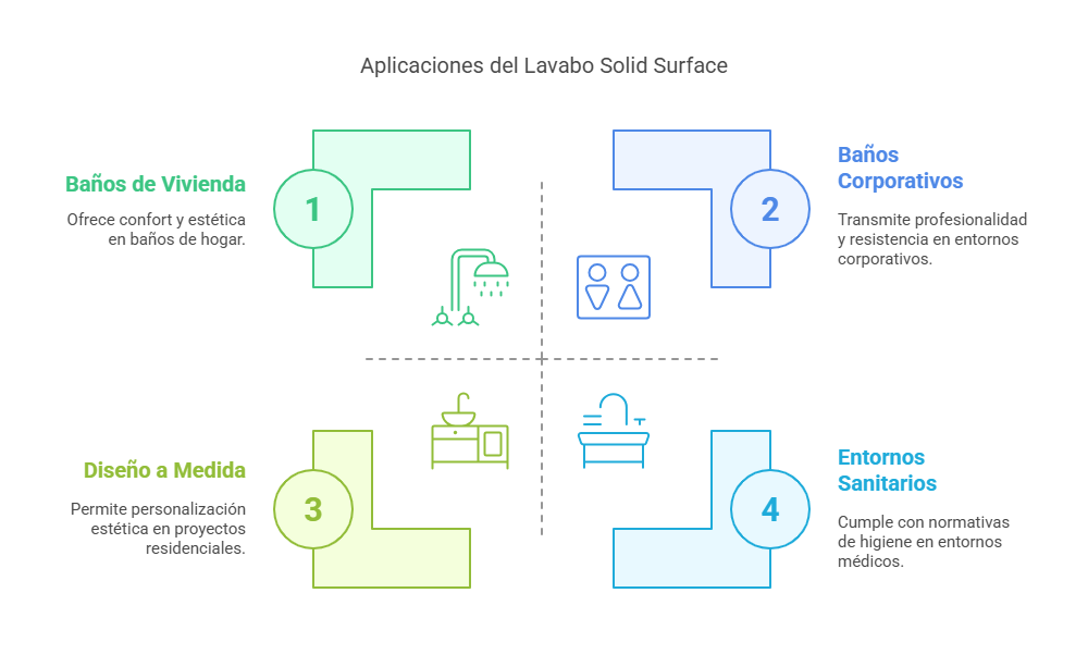 Infografía sobre los usos del lavabo Solid Surface: baños de vivienda, baños corporativos, diseño a medida y entornos sanitarios