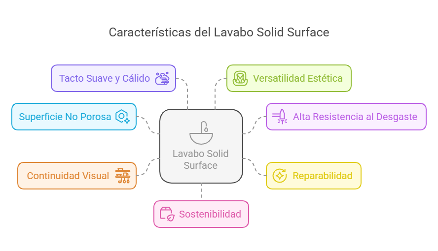 Infografía con beneficios del lavabo Solid Surface: tacto cálido, superficie no porosa, continuidad visual, sostenibilidad, reparabilidad, alta resistencia, y versatilidad estética