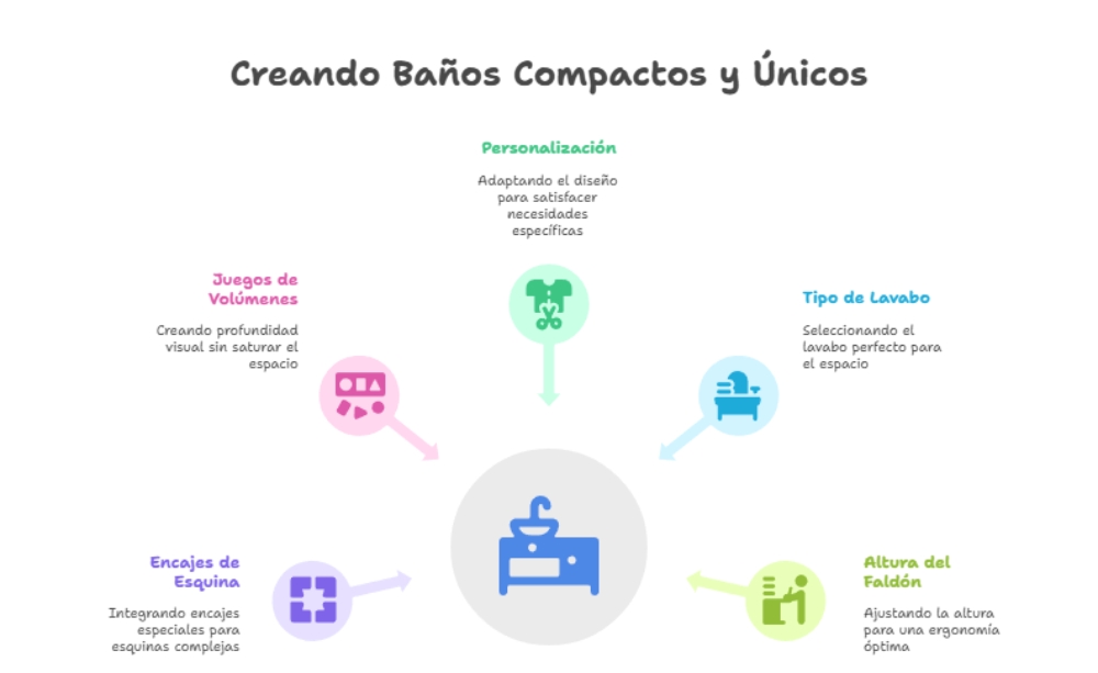 Infografía sobre diseño de baños pequeños con enfoque en personalización, tipos de lavabo, juegos de volúmenes, encajes de esquina y altura del faldón