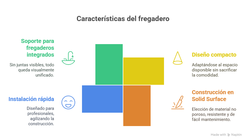 Infografía sobre fregaderos modernos con soporte para fregaderos integrados, instalación rápida, diseño compacto y construcción en Solid Surface